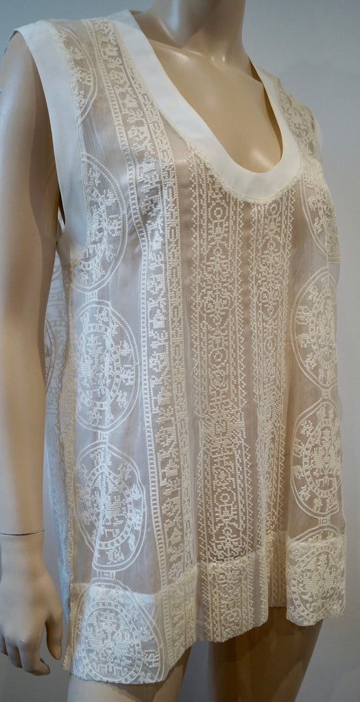 HOTEL PARTICULIER Italy Cream Sheer Cotton Embroidery Silk Trim Sleeveless Top S