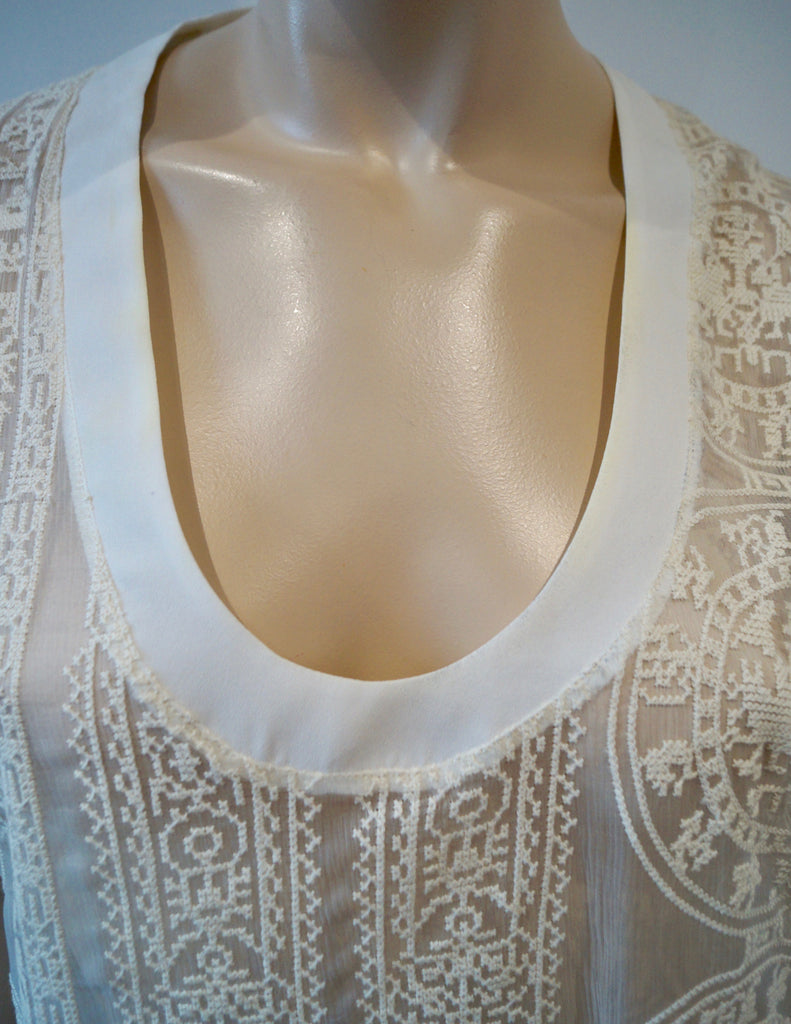 HOTEL PARTICULIER Italy Cream Sheer Cotton Embroidery Silk Trim Sleeveless Top S