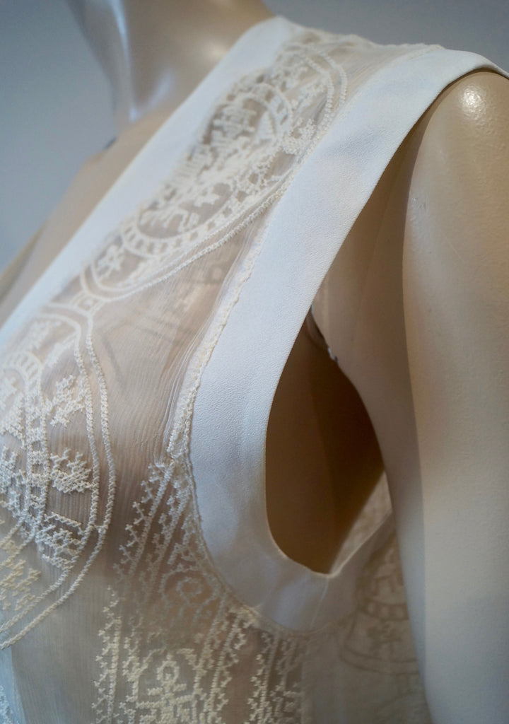 HOTEL PARTICULIER Italy Cream Sheer Cotton Embroidery Silk Trim Sleeveless Top S