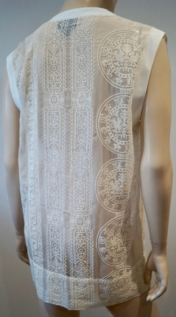HOTEL PARTICULIER Italy Cream Sheer Cotton Embroidery Silk Trim Sleeveless Top S