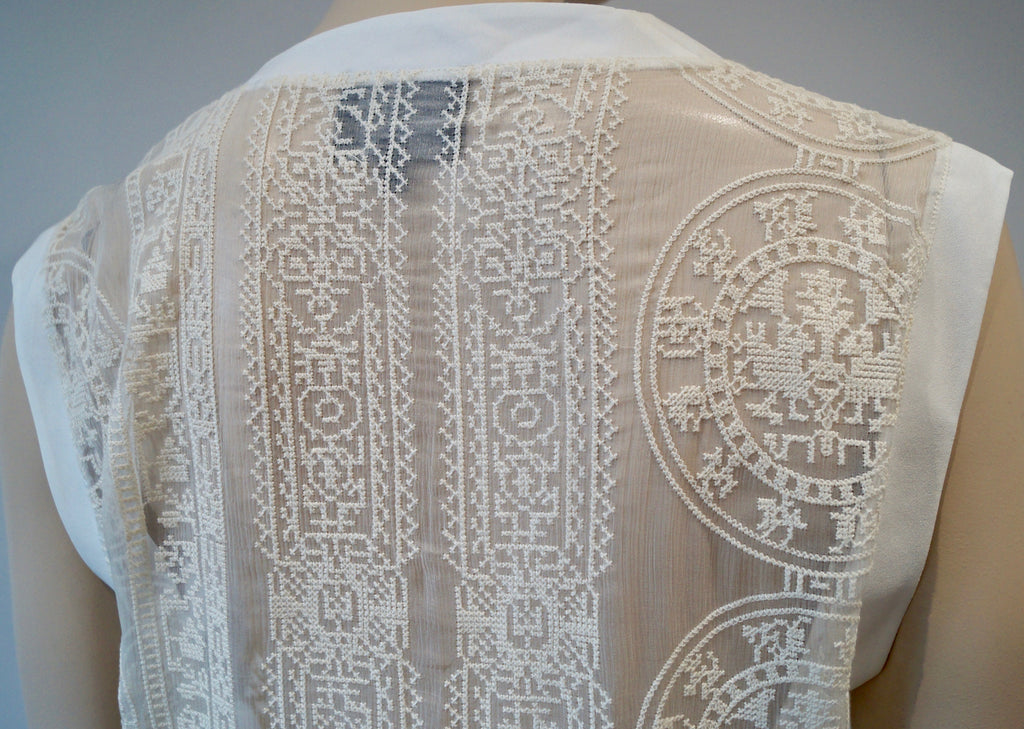 HOTEL PARTICULIER Italy Cream Sheer Cotton Embroidery Silk Trim Sleeveless Top S