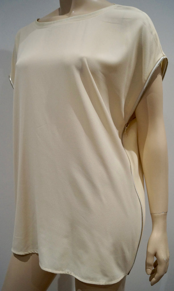 HOTEL PARTICULIER Cream Scoop Neckline Exposed Zipper Short Sleeve Blouse Top M