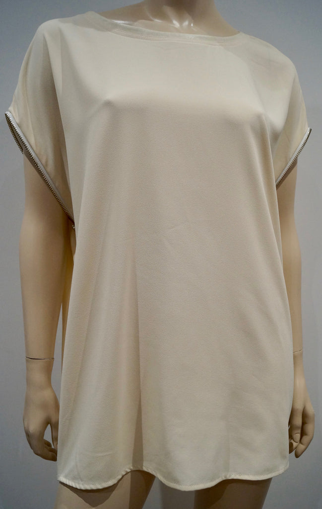 HOTEL PARTICULIER Cream Scoop Neckline Exposed Zipper Short Sleeve Blouse Top M