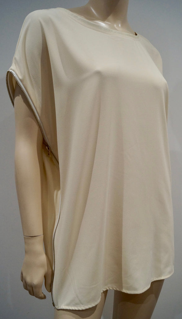 HOTEL PARTICULIER Cream Scoop Neckline Exposed Zipper Short Sleeve Blouse Top M