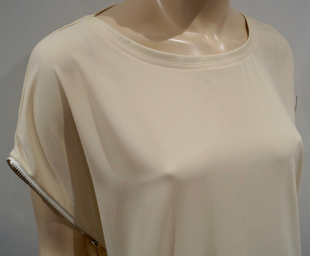 HOTEL PARTICULIER Cream Scoop Neckline Exposed Zipper Short Sleeve Blouse Top M