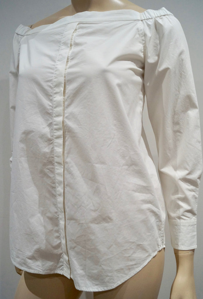 EQUIPMENT FEMME White Cotton Elastic Off Shoulder Long Sleeve Blouse Shirt Top