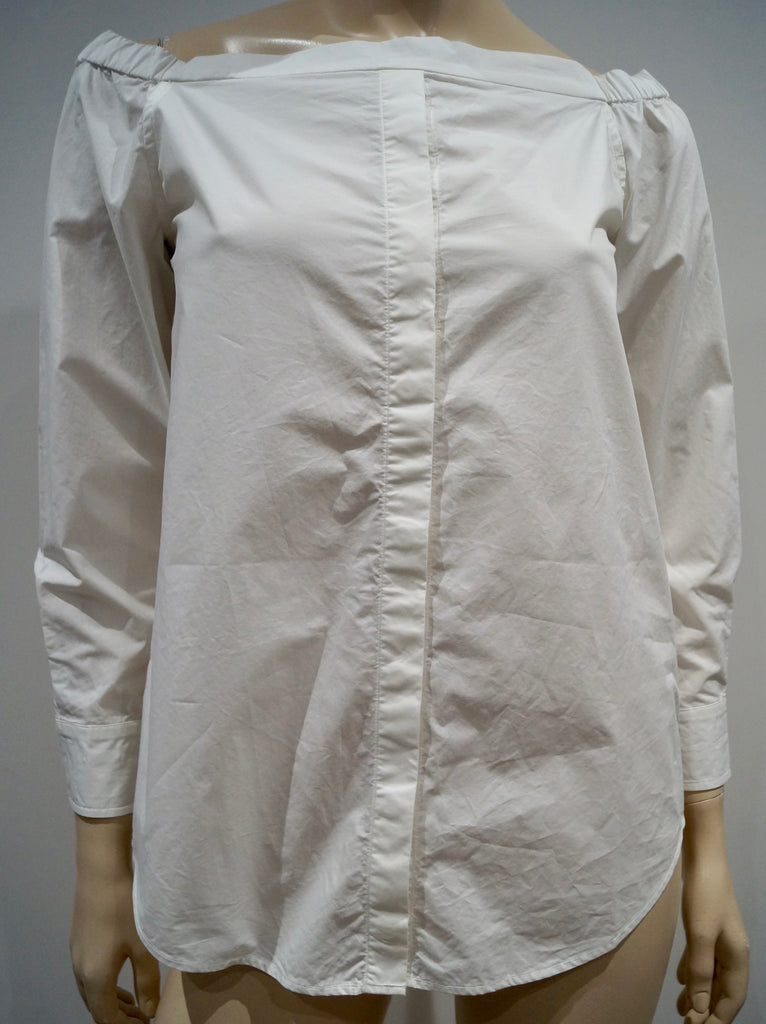 EQUIPMENT FEMME White Cotton Elastic Off Shoulder Long Sleeve Blouse Shirt Top
