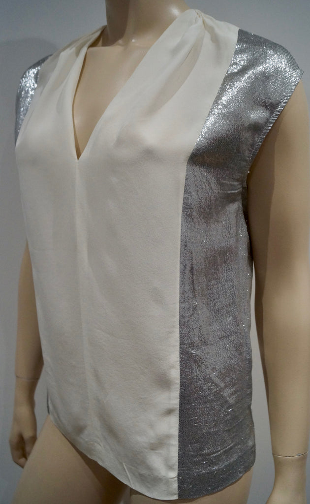 SANDRO Cream 100% Silk V Neck Silver Metallic Panelled Sleeveless Evening Top 2;
