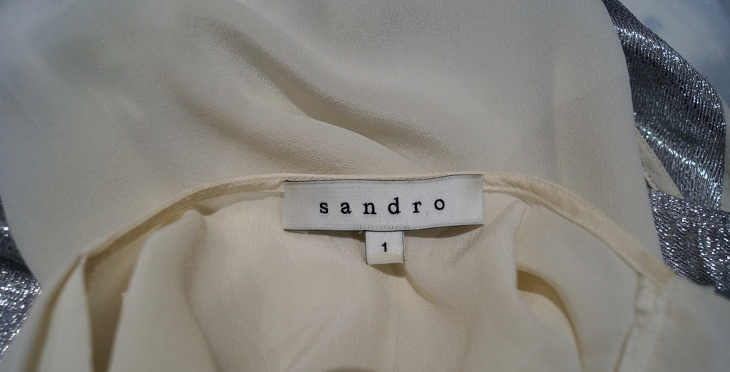 SANDRO Cream 100% Silk V Neck Silver Metallic Panelled Sleeveless Evening Top 2;