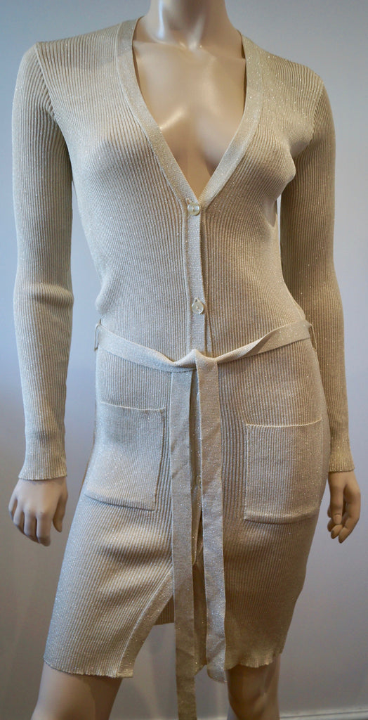 JOSEPH ESSENTIALS Beige Gold Metallic V Neck Ribbed Long Length Belted Cardigan