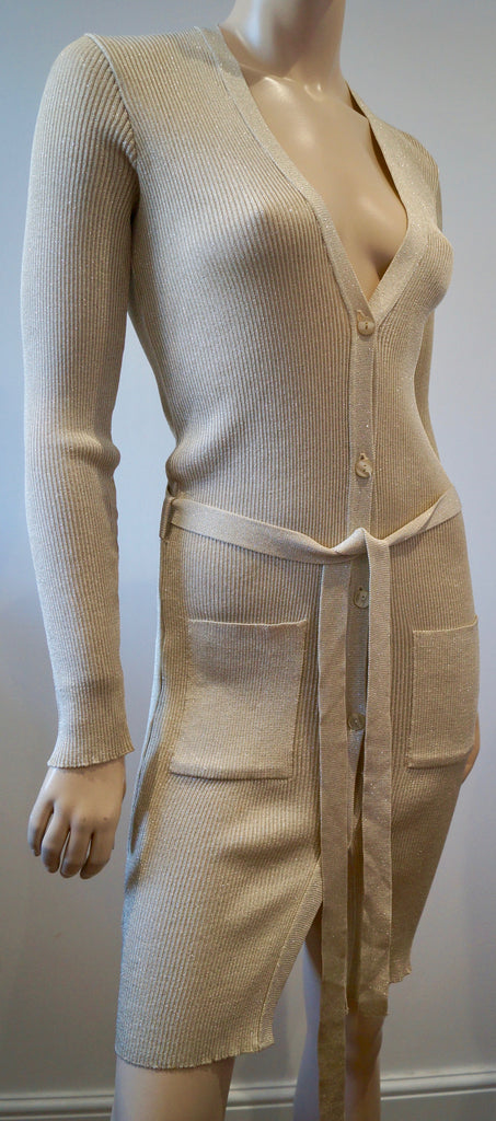 JOSEPH ESSENTIALS Beige Gold Metallic V Neck Ribbed Long Length Belted Cardigan