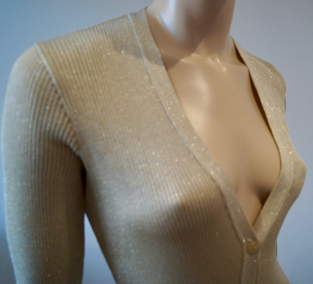 JOSEPH ESSENTIALS Beige Gold Metallic V Neck Ribbed Long Length Belted Cardigan