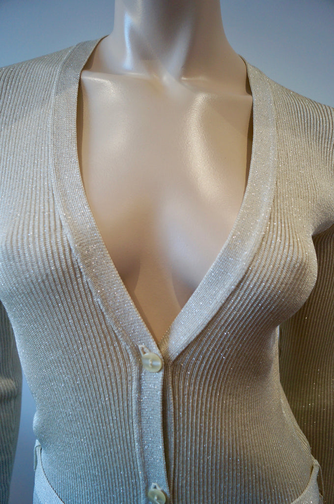 JOSEPH ESSENTIALS Beige Gold Metallic V Neck Ribbed Long Length Belted Cardigan