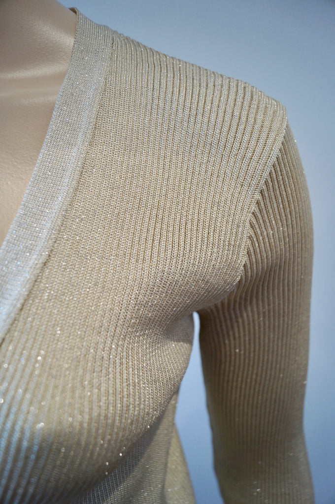 JOSEPH ESSENTIALS Beige Gold Metallic V Neck Ribbed Long Length Belted Cardigan