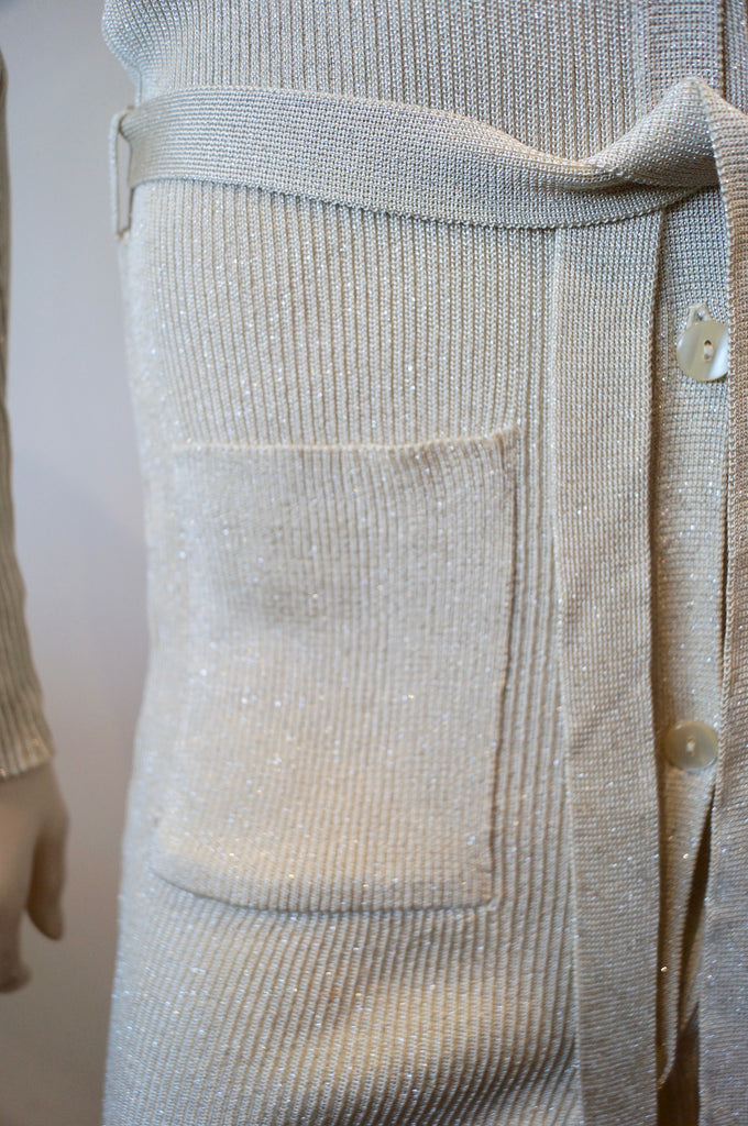 JOSEPH ESSENTIALS Beige Gold Metallic V Neck Ribbed Long Length Belted Cardigan