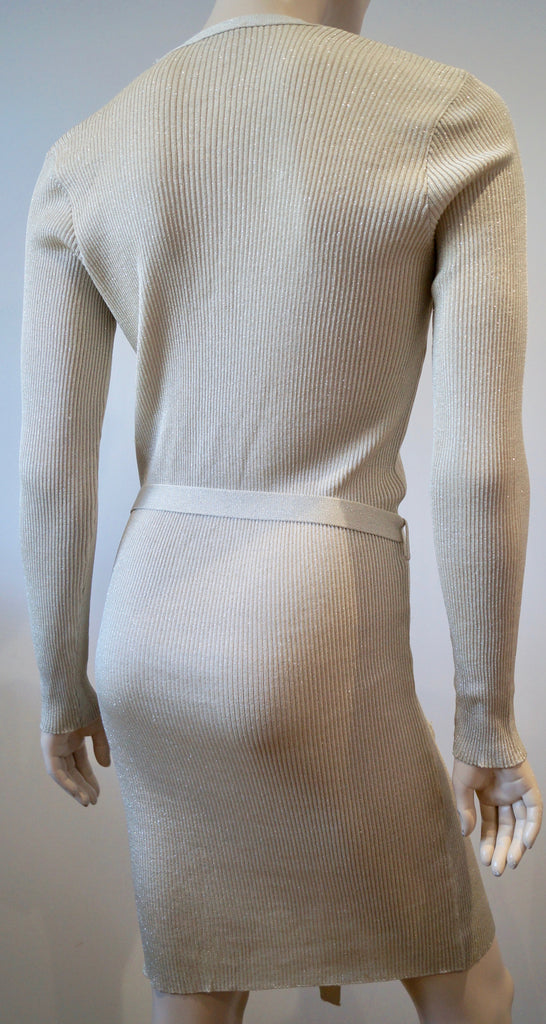 JOSEPH ESSENTIALS Beige Gold Metallic V Neck Ribbed Long Length Belted Cardigan