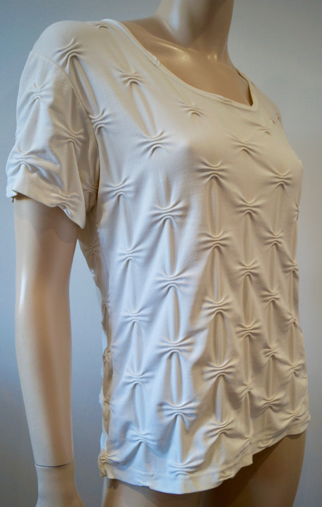 ANNE FONTAINE Cream Textured Fabric Round Neck Short Sleeve T-Shirt Top 3; M/L