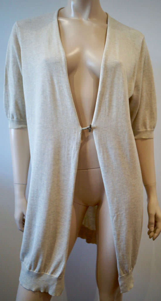 FABIANA FILIPPI Cream & Grey Cotton Plunge V Neck Long Length Knitwear Cardigan