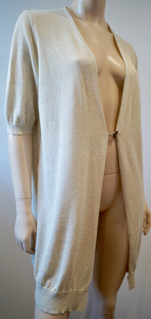 FABIANA FILIPPI Cream & Grey Cotton Plunge V Neck Long Length Knitwear Cardigan