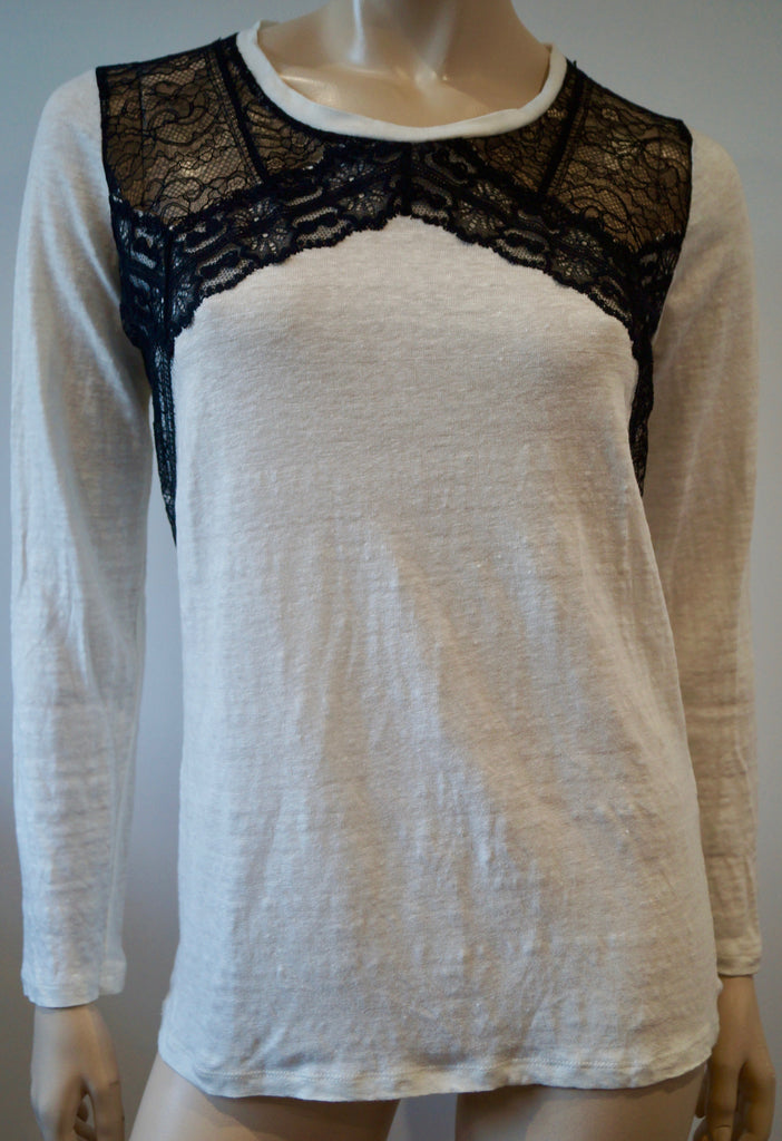 SANDRO White Linen Fine Knit Black Floral Lace Trim Long Sleeve Jumper Sweater L