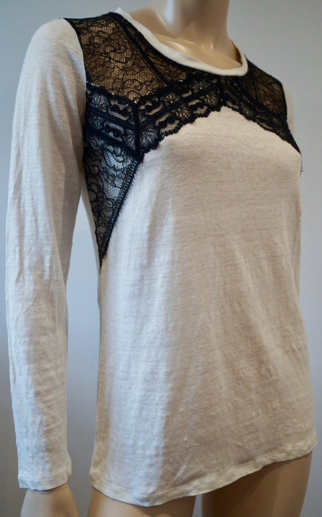 SANDRO White Linen Fine Knit Black Floral Lace Trim Long Sleeve Jumper Sweater L