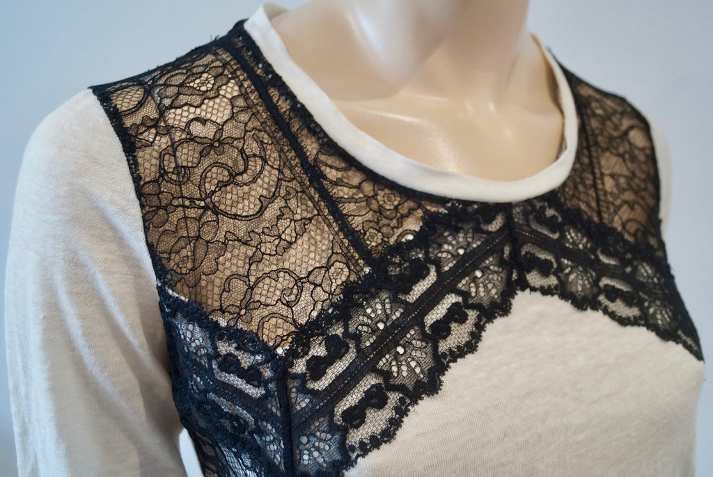 SANDRO White Linen Fine Knit Black Floral Lace Trim Long Sleeve Jumper Sweater L