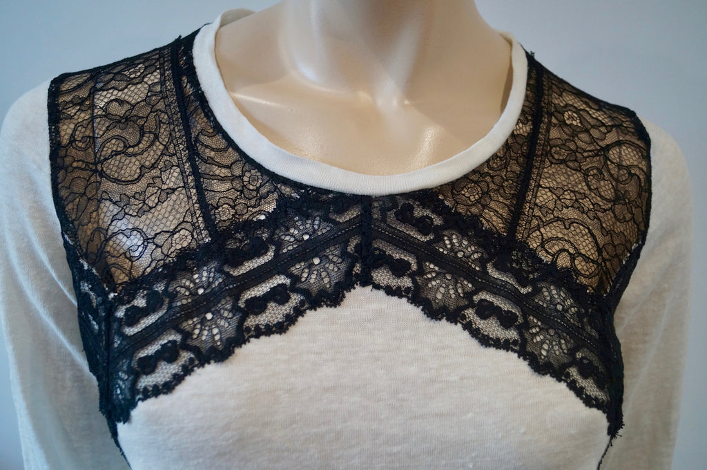 SANDRO White Linen Fine Knit Black Floral Lace Trim Long Sleeve Jumper Sweater L