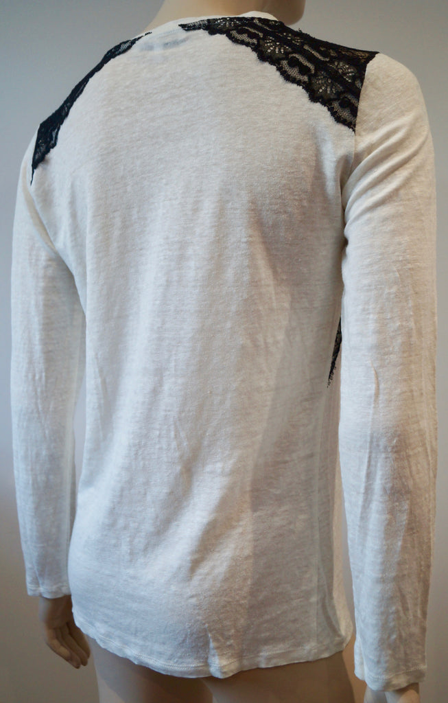 SANDRO White Linen Fine Knit Black Floral Lace Trim Long Sleeve Jumper Sweater L