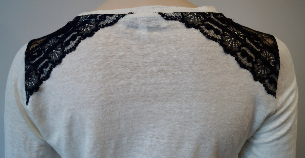 SANDRO White Linen Fine Knit Black Floral Lace Trim Long Sleeve Jumper Sweater L