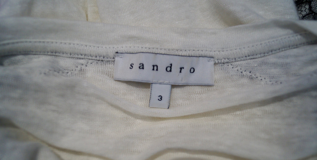 SANDRO White Linen Fine Knit Black Floral Lace Trim Long Sleeve Jumper Sweater L