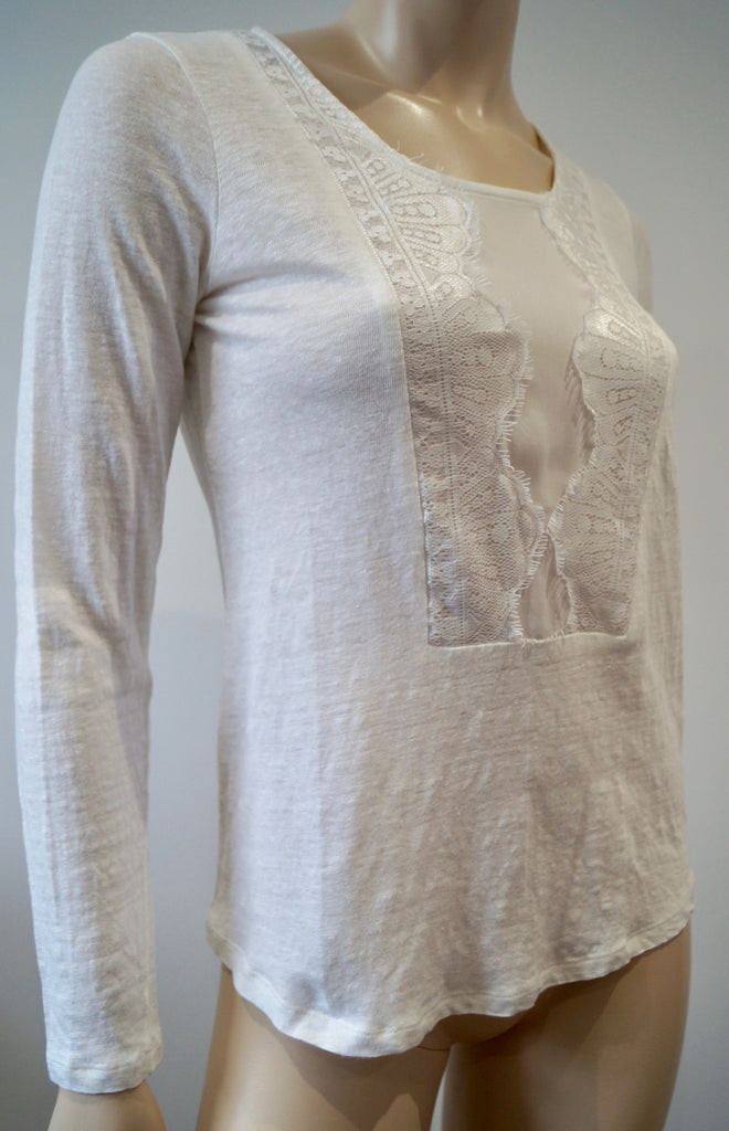 SANDRO White Fine Knit Linen Lace Centre Panel Long Sleeve Jumper Sweater Top 2;