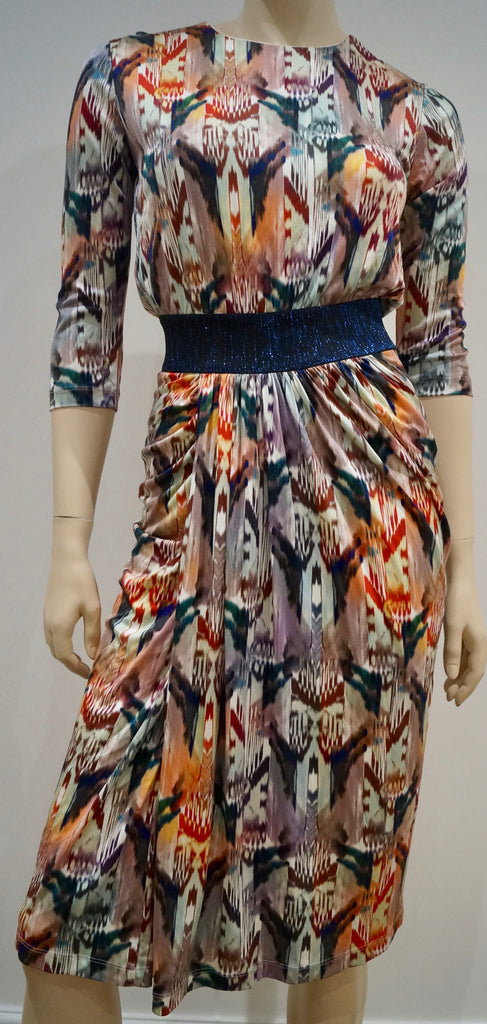 SALONI Multi Colour Silk Blue Glitter Waist 3/4 Sleeve Pleated Skirt Lined Dress