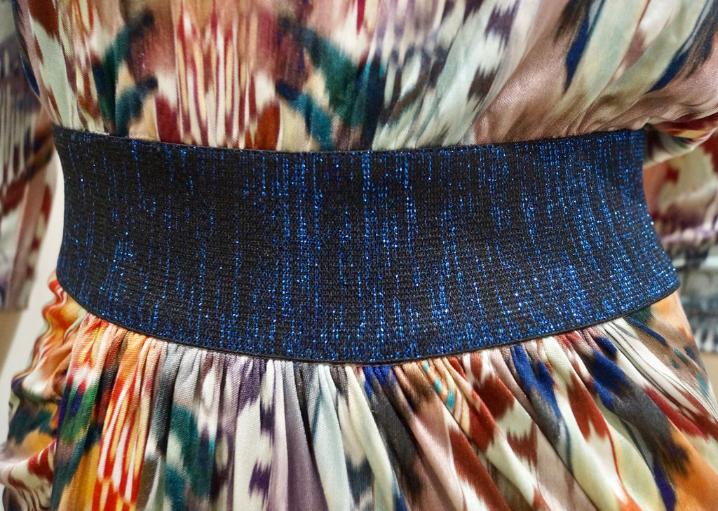 SALONI Multi Colour Silk Blue Glitter Waist 3/4 Sleeve Pleated Skirt Lined Dress