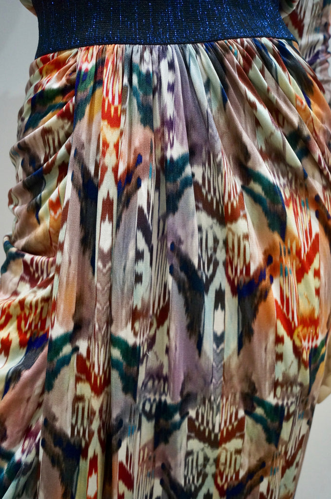 SALONI Multi Colour Silk Blue Glitter Waist 3/4 Sleeve Pleated Skirt Lined Dress