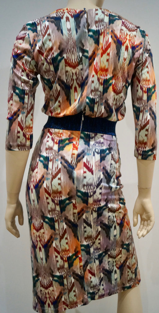 SALONI Multi Colour Silk Blue Glitter Waist 3/4 Sleeve Pleated Skirt Lined Dress