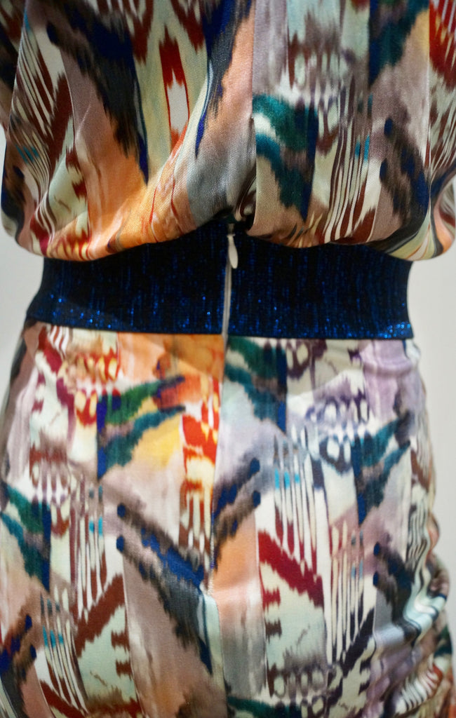 SALONI Multi Colour Silk Blue Glitter Waist 3/4 Sleeve Pleated Skirt Lined Dress