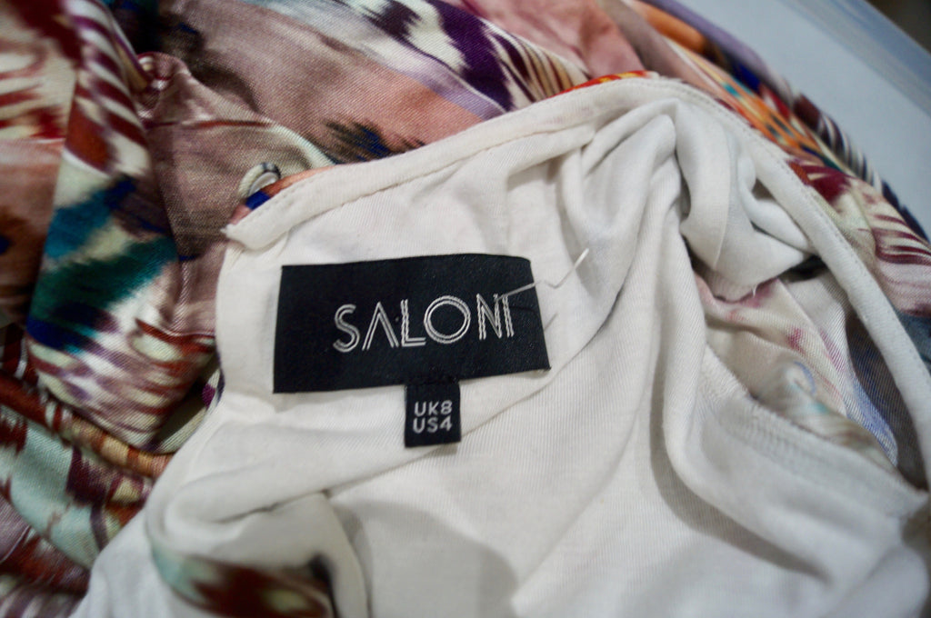 SALONI Multi Colour Silk Blue Glitter Waist 3/4 Sleeve Pleated Skirt Lined Dress