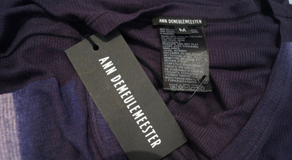 ANN DEMEULEMEESTER Aubergine Blue AURA Semi Sheer Fine Rib T-Shirt Tee BNWT