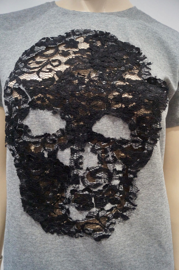 BUI DE BARBARA BUI Grey Cotton Black Lace Skull Short Sleeve T-Shirt Tee Top S