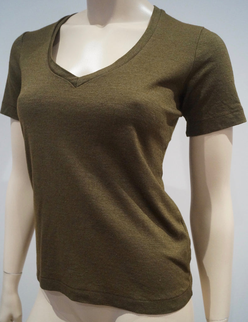 ISABEL MARANT Khaki Green Wool Silk Blend V Neck Short Sleeve Tee Sweater Top L