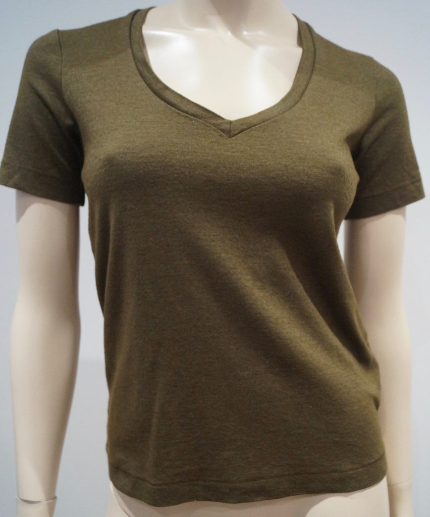 ISABEL MARANT Khaki Green Wool Silk Blend V Neck Short Sleeve Tee Sweater Top L