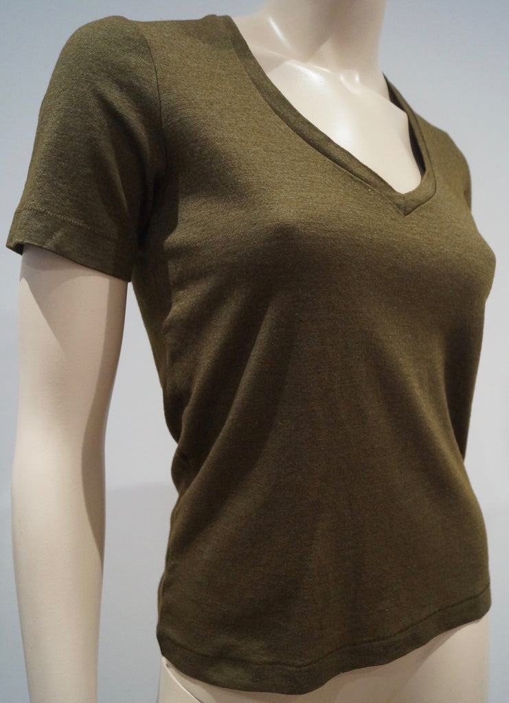ISABEL MARANT Khaki Green Wool Silk Blend V Neck Short Sleeve Tee Sweater Top L