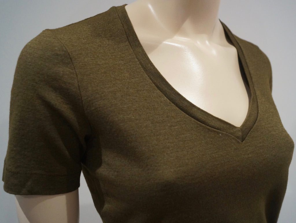 ISABEL MARANT Khaki Green Wool Silk Blend V Neck Short Sleeve Tee Sweater Top L