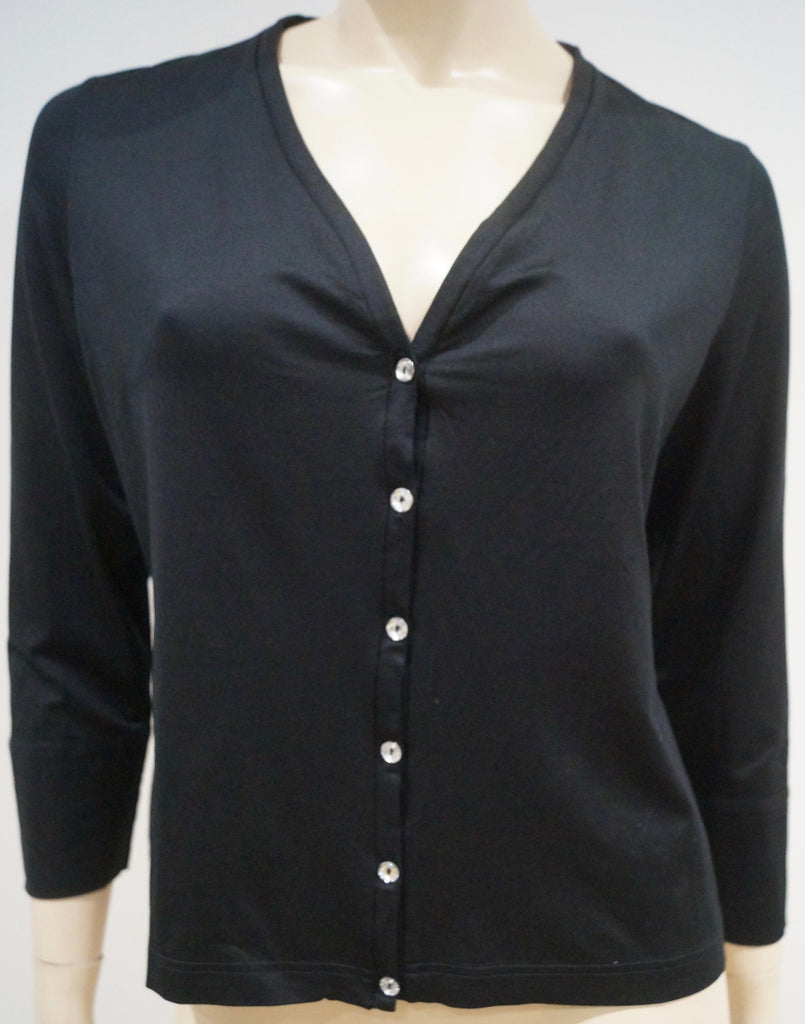 SONIA RYKIEL Black Sheen V Neck Metallic Button Fastened 3/4 Sleeve Cardigan Top