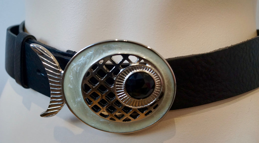 PAUL & JOE SISTER Women's Black Leather Silver Tone Fish Buckle Belt Sz:34