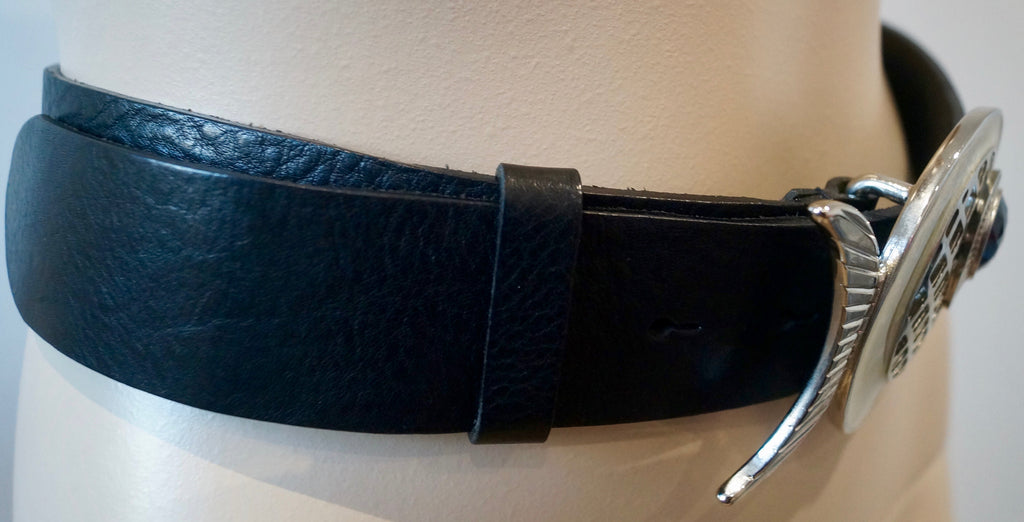 PAUL & JOE SISTER Women's Black Leather Silver Tone Fish Buckle Belt Sz:34