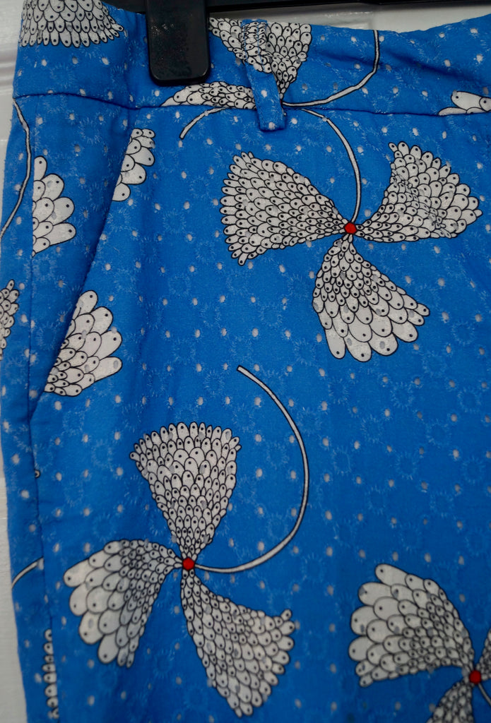 PAUL & JOE Royal Blue Cotton Floral Print Tapered Capri Crop Trousers Pants UK14
