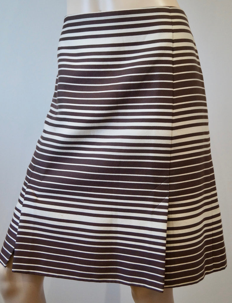 AKRIS PUNTO Brown & Beige Cotton Blend Striped Kick Pleat Lined Skirt US12 UK16