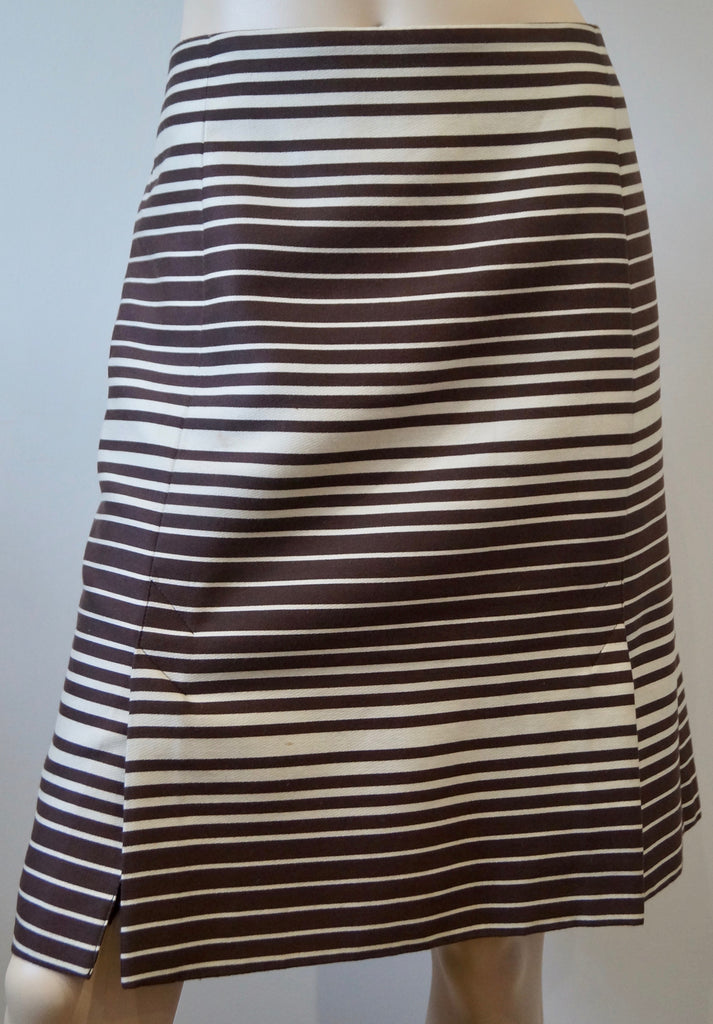 AKRIS PUNTO Brown & Beige Cotton Blend Striped Kick Pleat Lined Skirt US12 UK16