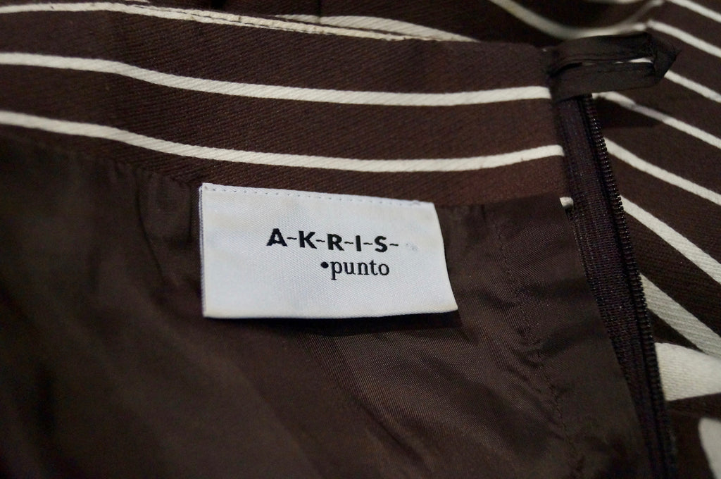AKRIS PUNTO Brown & Beige Cotton Blend Striped Kick Pleat Lined Skirt US12 UK16